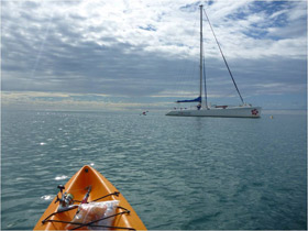 Underwater sound recording was conducted from a kayak. A research vessel for the dugong watching, which had been canceled because of the bad weather, can be seen in the figure.